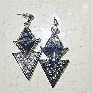 High silver tone double triangle rhinestone studded post dangle earrings